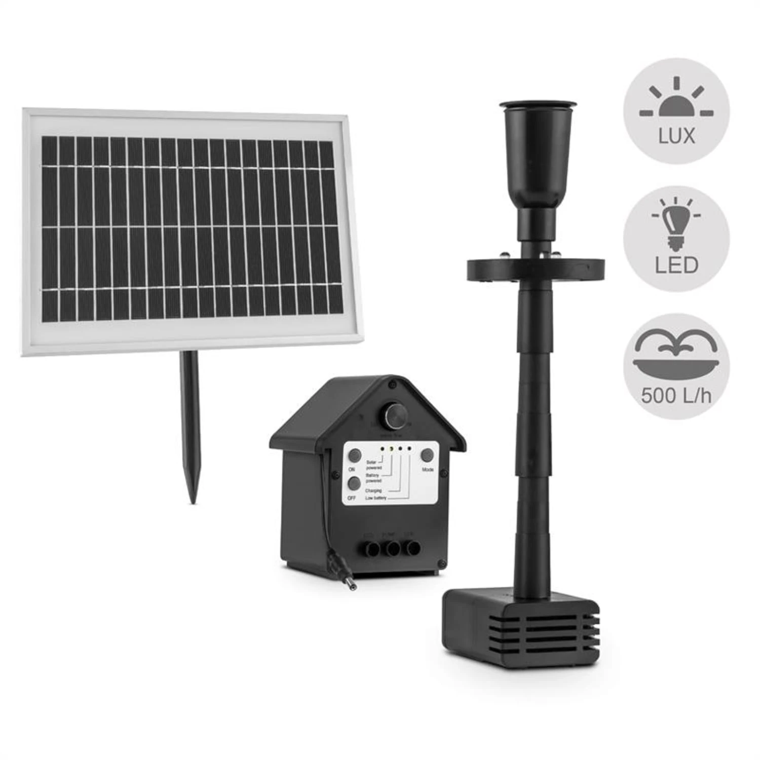 Wasserwerk 500 Wasserpumpe Solar Springbrunnen 500 L/h LED Akku 1 Wasserwerk 500 Wasserpumpe Solar Springbrunnen 500 L/h LED Akku