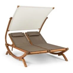 Sonnendeck Doppel-Sonnenliege Verstellbares Sonnendach Kopfkissen Weiß