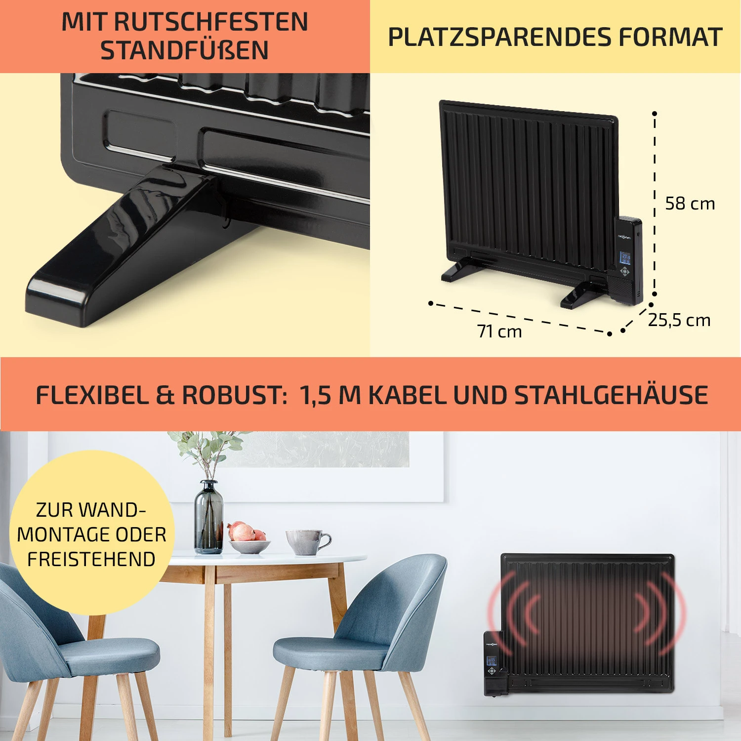 Wallander Ölradiator 600W Thermostat Ölheizung Ultraflach Schwarz 6 Wallander Ölradiator 600W Thermostat Ölheizung Ultraflach Schwarz – Bild 6