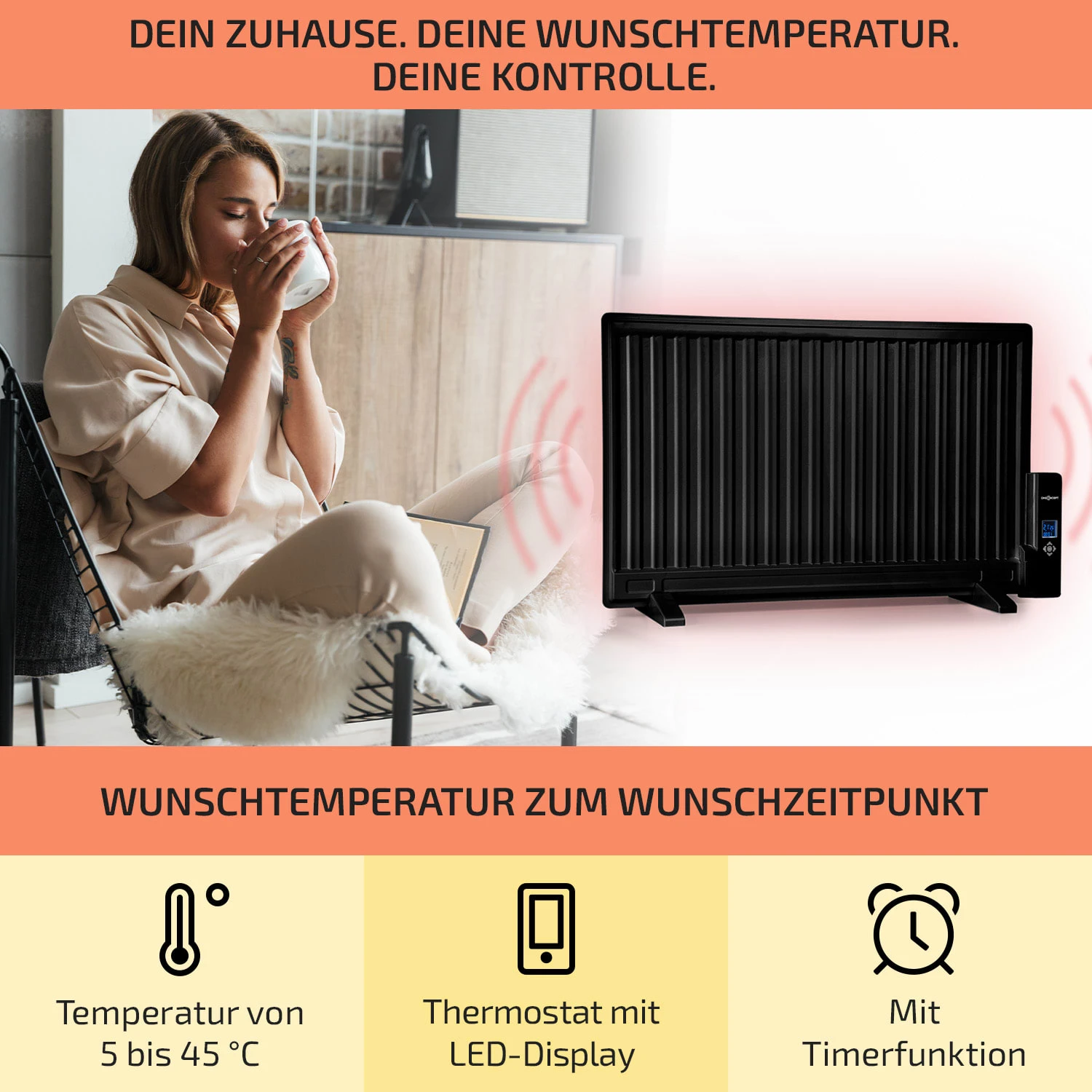 Wallander Ölradiator 800W Thermostat Ölheizung Ultraflach Schwarz 3 Wallander Ölradiator 800W Thermostat Ölheizung Ultraflach Schwarz – Bild 3