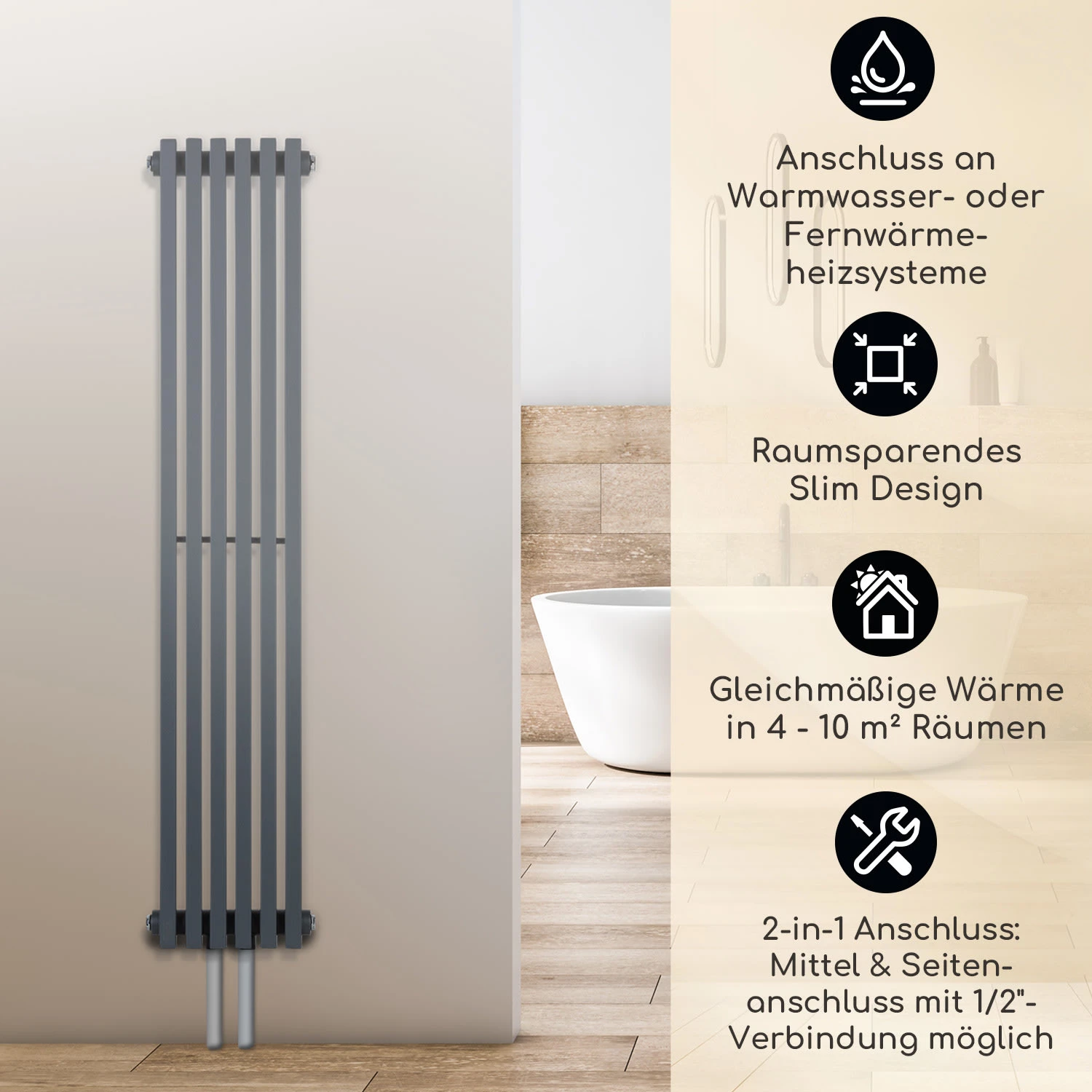 Delgado 120 X 25 Heizkörper 508W Warmwasser 1/2" 4-10m² Grau 2 Delgado 120 X 25 Heizkörper 508W Warmwasser 1/2" 4-10m² Grau – Bild 2