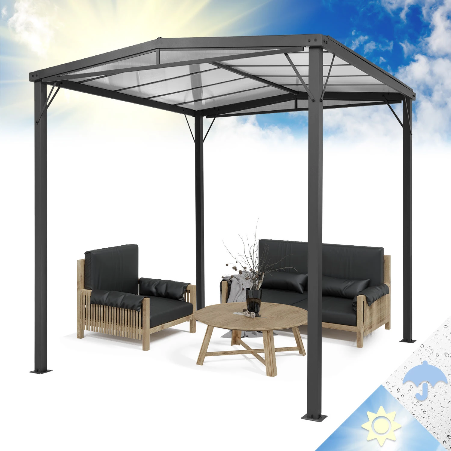 Pantheon Solid Sky Flat Pergola Vordach 3x3m Polycarbonat 1 Pantheon Solid Sky Flat Pergola Vordach 3x3m Polycarbonat