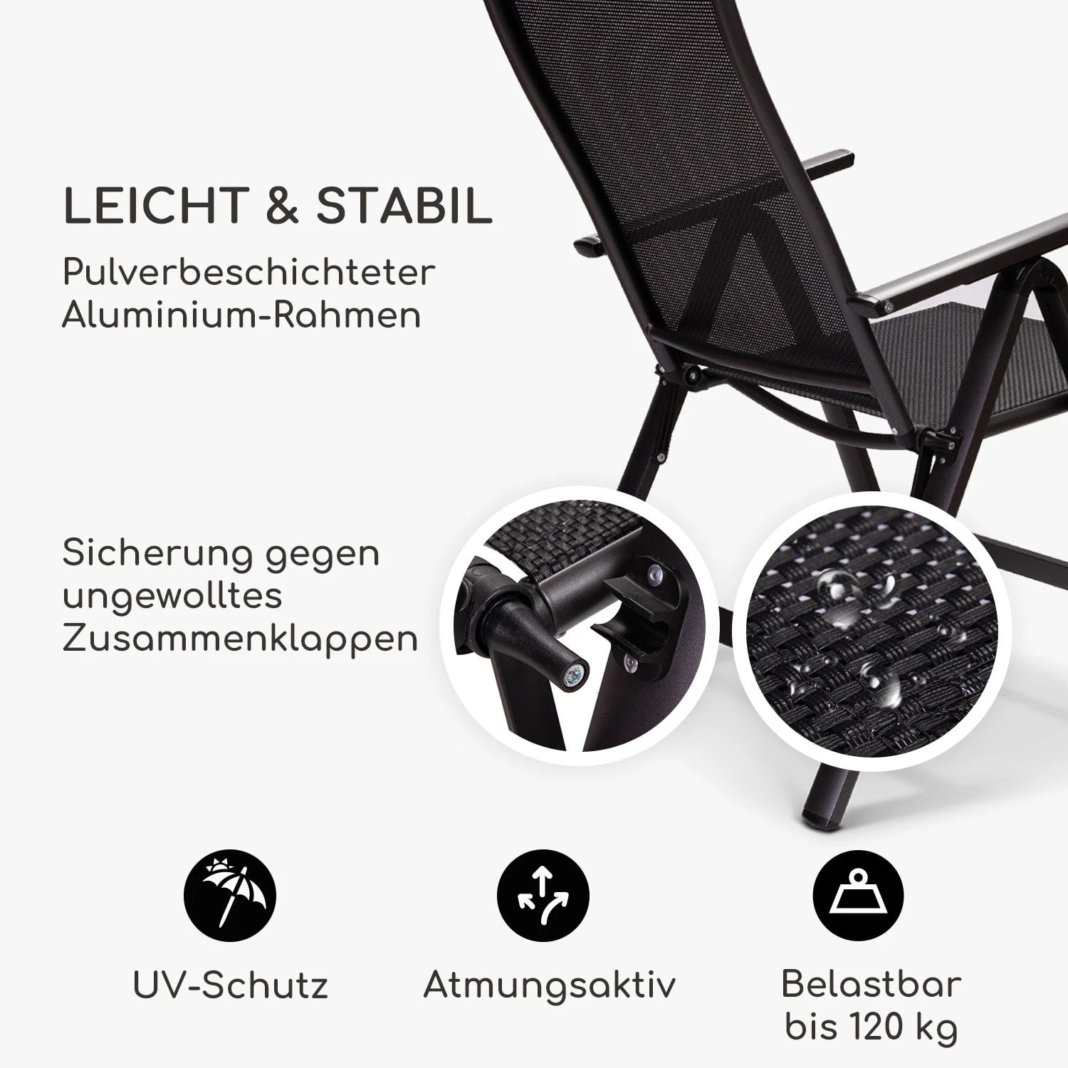 London Gartenstuhl 2er-Set Textilene Aluminium 6-Positionen Klappbar 4 London Gartenstuhl 2er-Set Textilene Aluminium 6-Positionen Klappbar – Bild 4