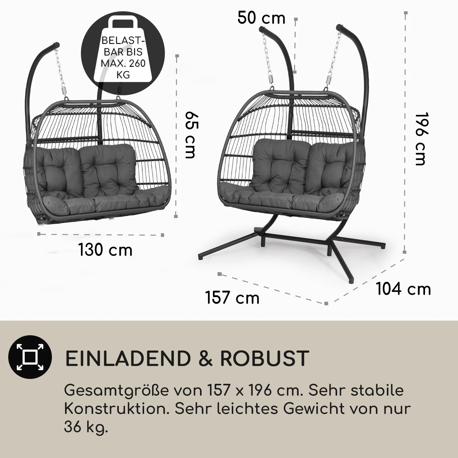 Biarritz Double Hängesessel Zweier PE Aluminium Polyrattan 260 Kg 4 Biarritz Double Hängesessel Zweier PE Aluminium Polyrattan 260 Kg – Bild 4