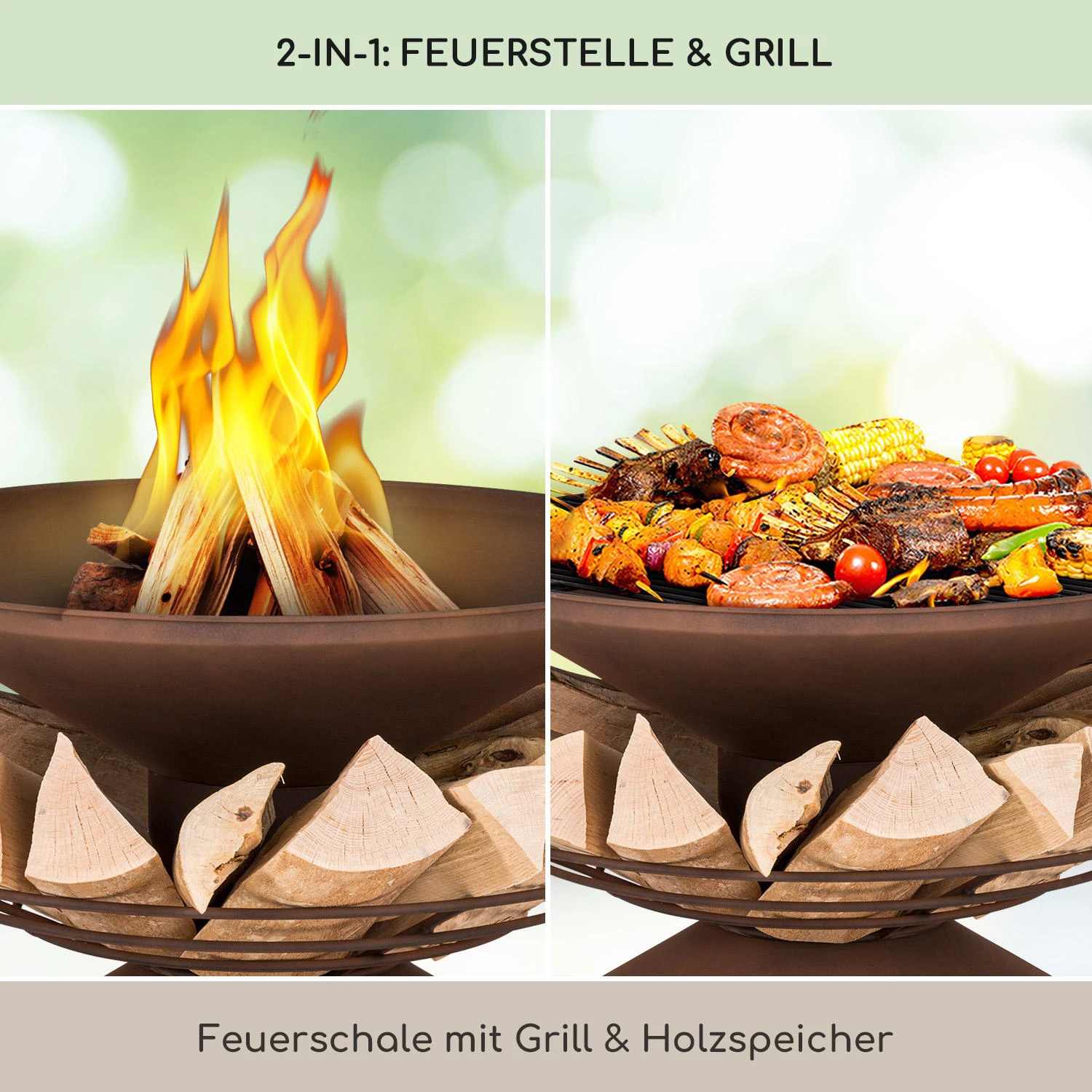 Aguilera Feuerschale Mit Grill Ø 65 Cm Holzlager Stahl 2 Aguilera Feuerschale Mit Grill Ø 65 Cm Holzlager Stahl – Bild 2